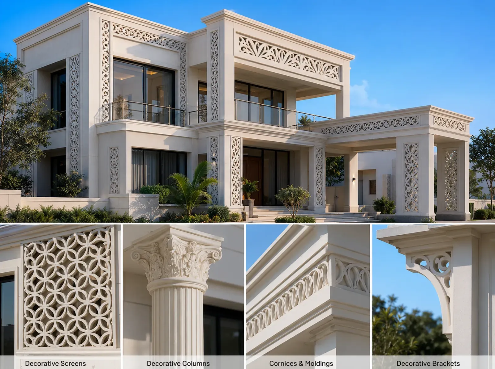 GRP Decorative Features - custom GRP decorative features engineered to enhance architectural aesthetics in commercial, residential, hospitality, and public infrastructure projects.