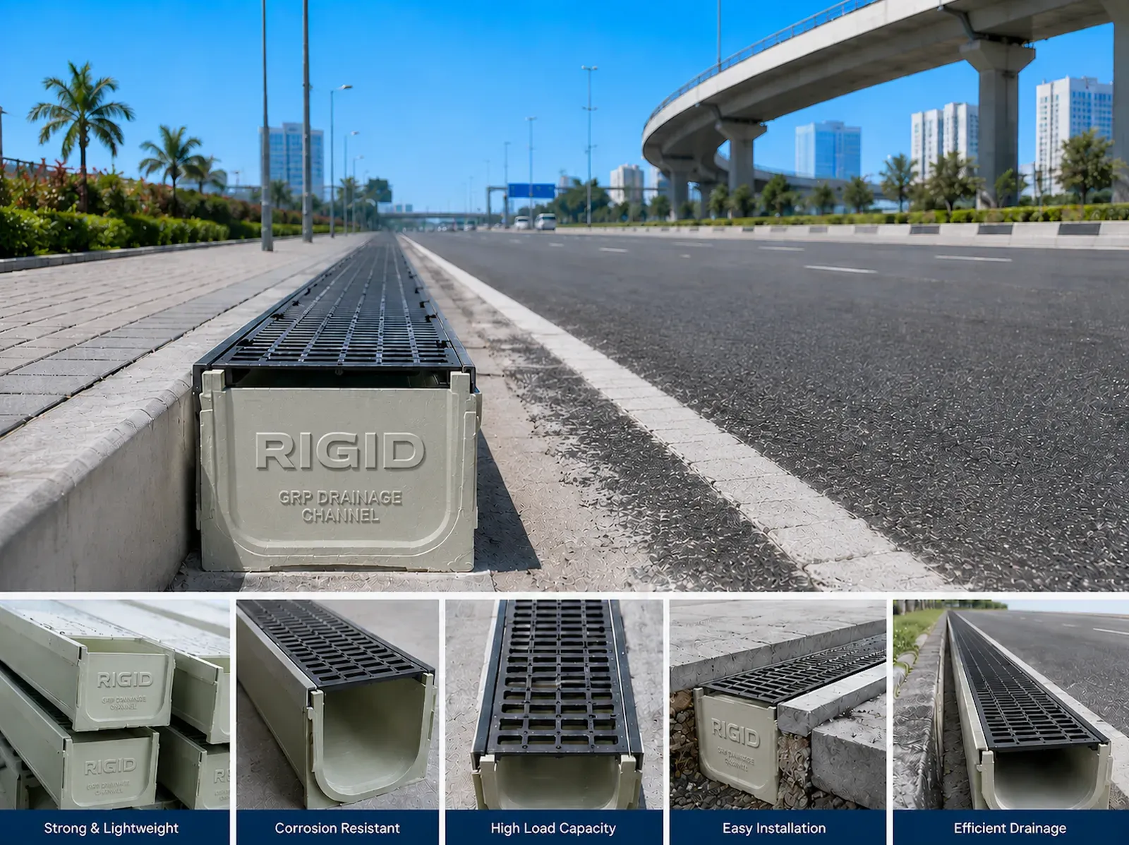 GRP Drainage Channels - high-performance GRP Drainage Channels designed for efficient stormwater collection and drainage in roads, highways, airports, industrial facilities, utility corridors, and infrastructure projects.