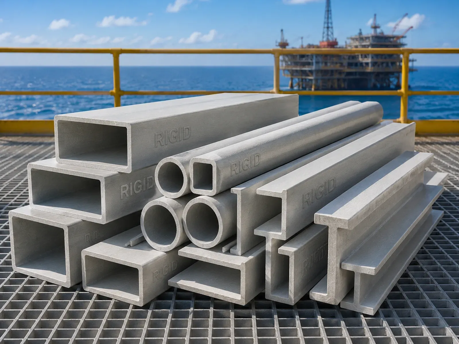 GRP Structural Profiles - GRP structural profiles engineered for corrosion-resistant structural applications in petrochemical plants, utility infrastructure, offshore platforms, and industrial facilities.